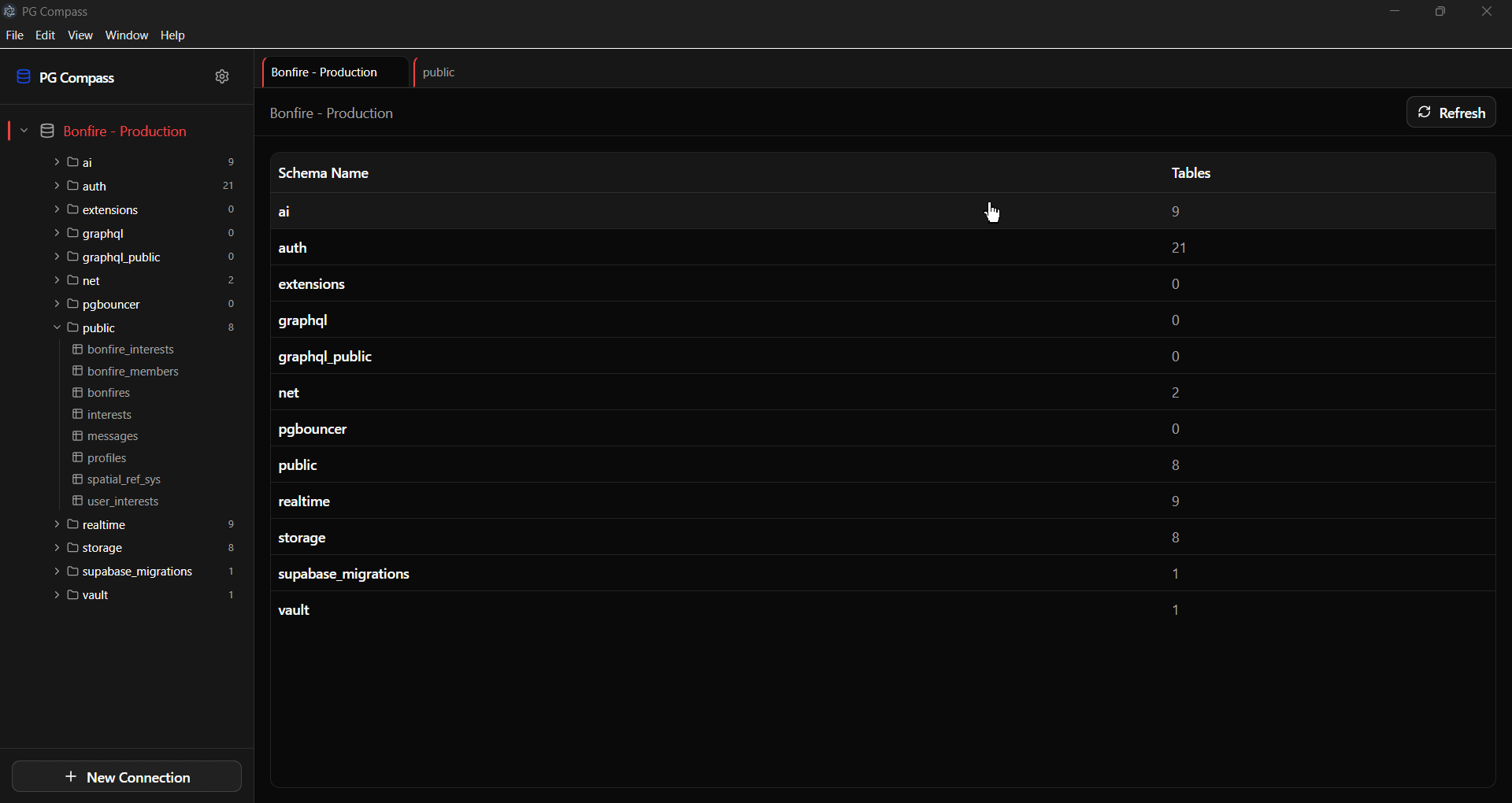PG Compass demo: browsing schemas and tables