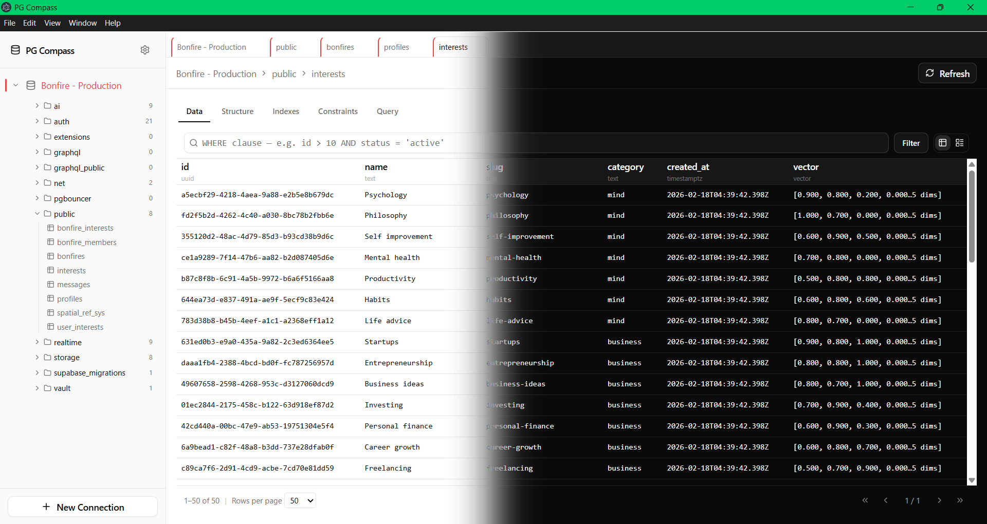 PG Compass interface with schema list and data table